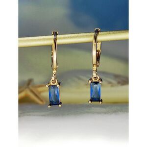 Emerald Cut Blue Glass Earrings Dangle Drop Goldtone Delicate Faux Saphire New